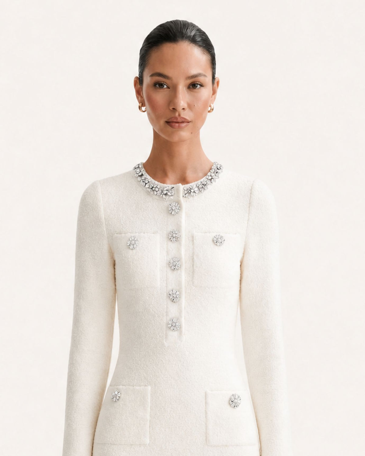 Long Sleeve Slim-Fit Rhinestone-Embellished Knit Dress