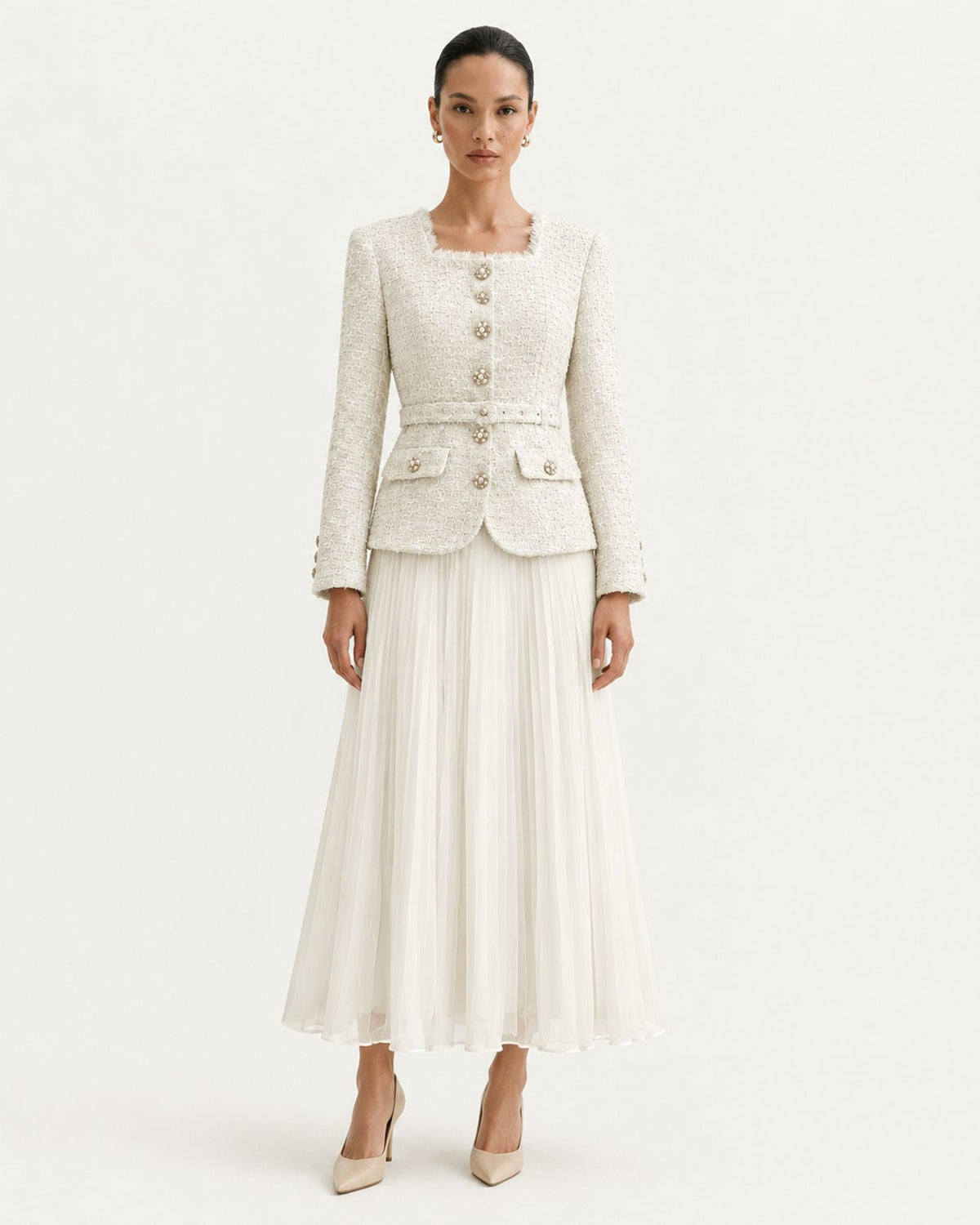 Beige Tweed and Chiffon Pleated Skirt Set