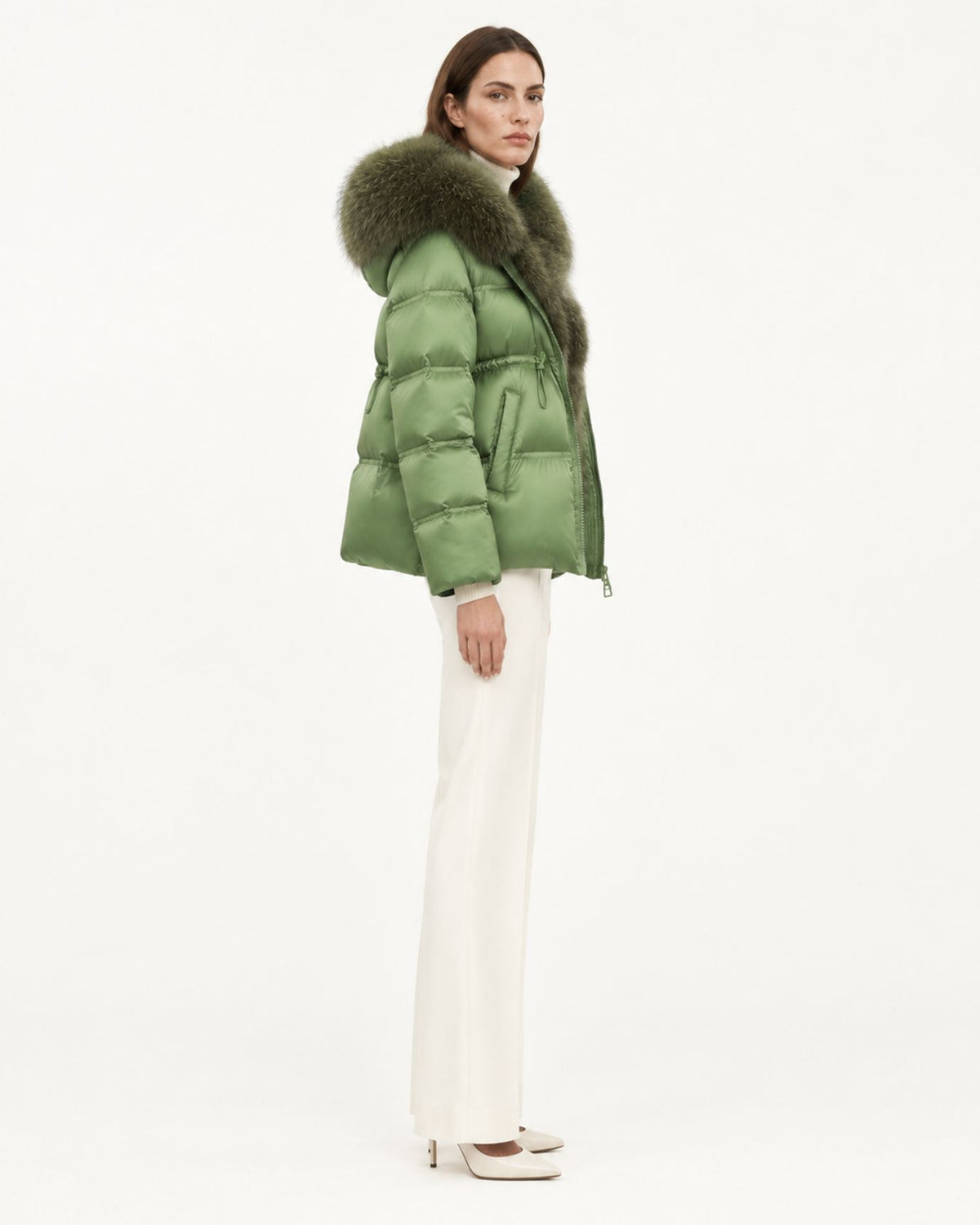 Belted Goose Down Coat with Detachable Fox Fur Collar