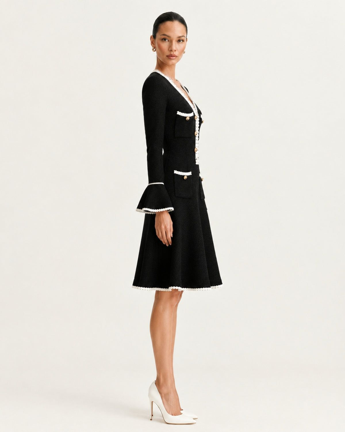 Georgina Long-Sleeve Cutout Ruffle Knit Dress
