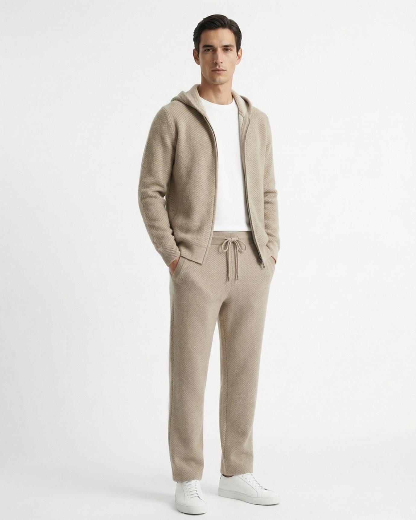 Conjunto de cárdigan con capucha y pantalón de cachemir y lana