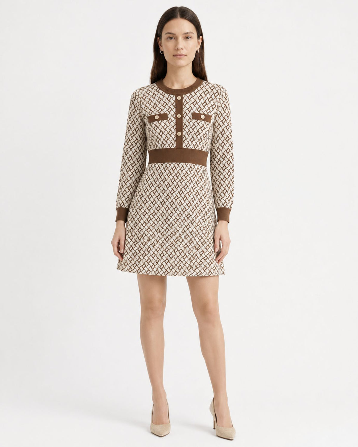 Zira Round-Neck Contrast Jacquard Knit Dress with Buckle Waist