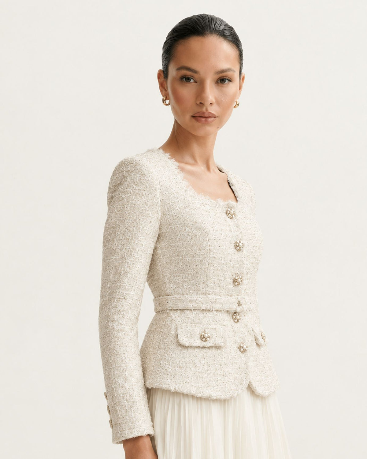 Beige Tweed and Chiffon Pleated Skirt Set