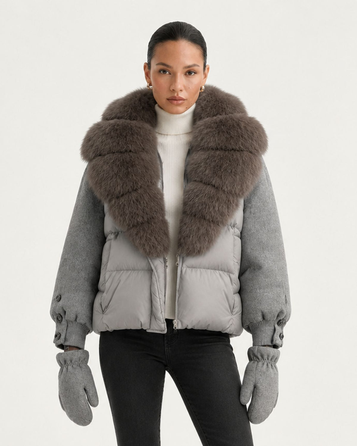 NY Duck Down Puffer Jacket with Detachable Fox Fur Collar