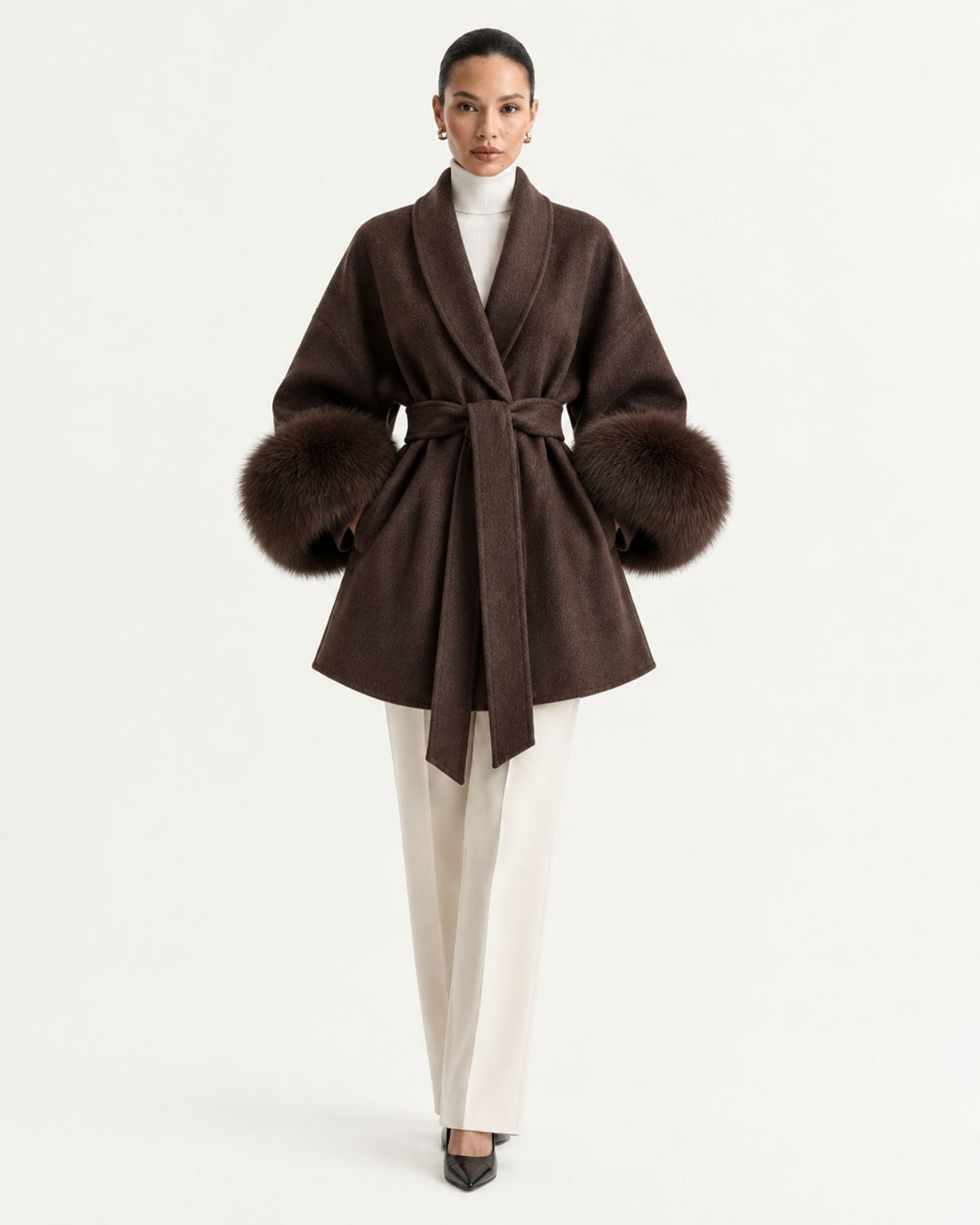 Divina Belted Double-Faced Wool Coat with Fox Fur Cuffs