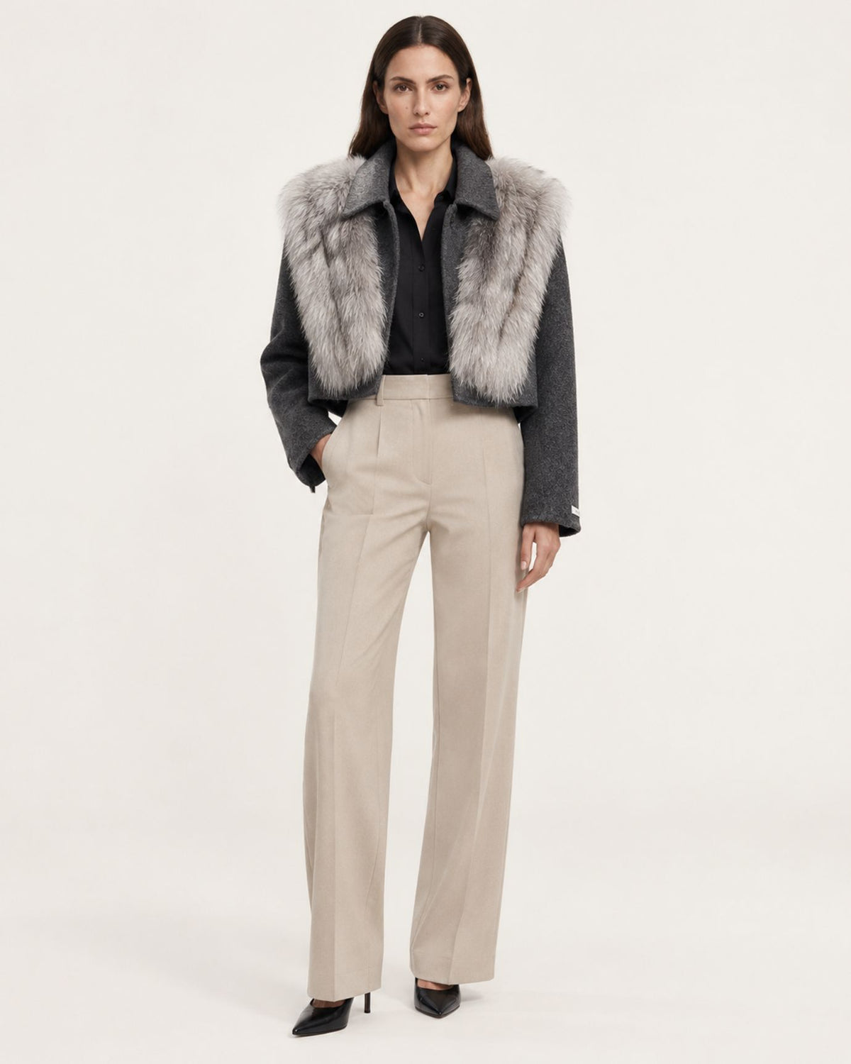 Short Double-Faced Wool Coat with Fox Fur Collar