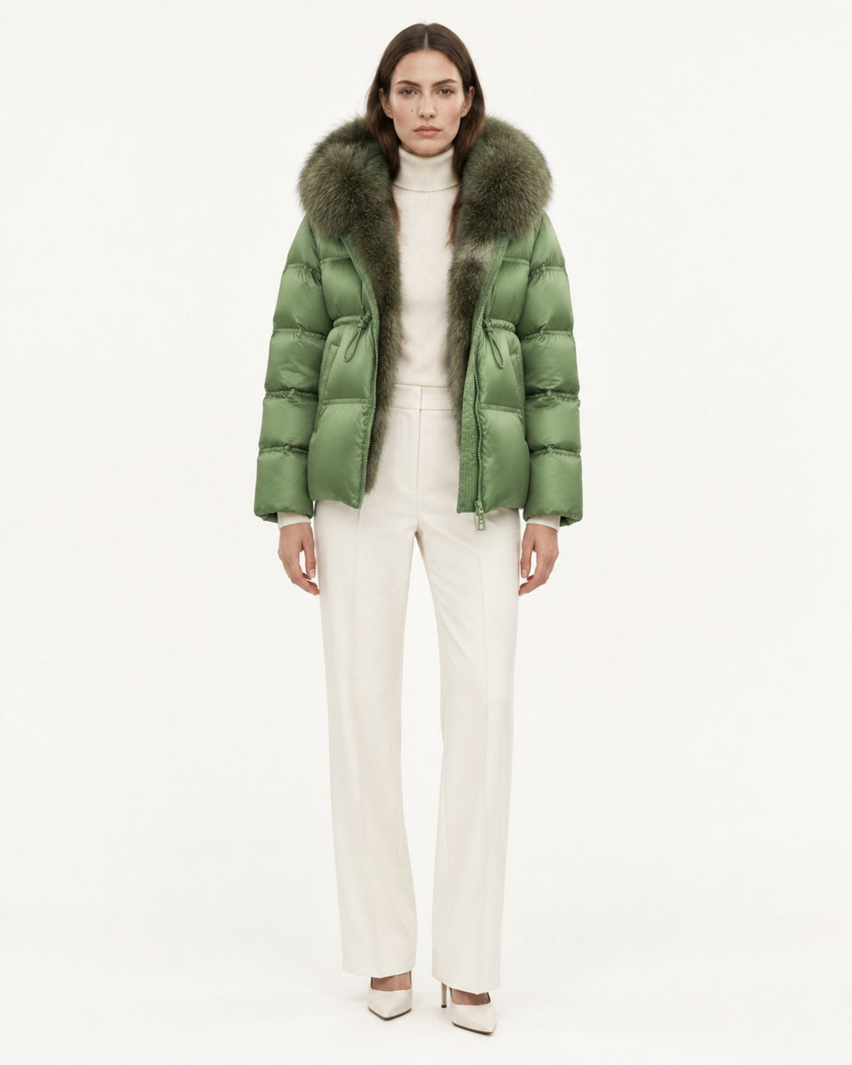 Belted Goose Down Coat with Detachable Fox Fur Collar