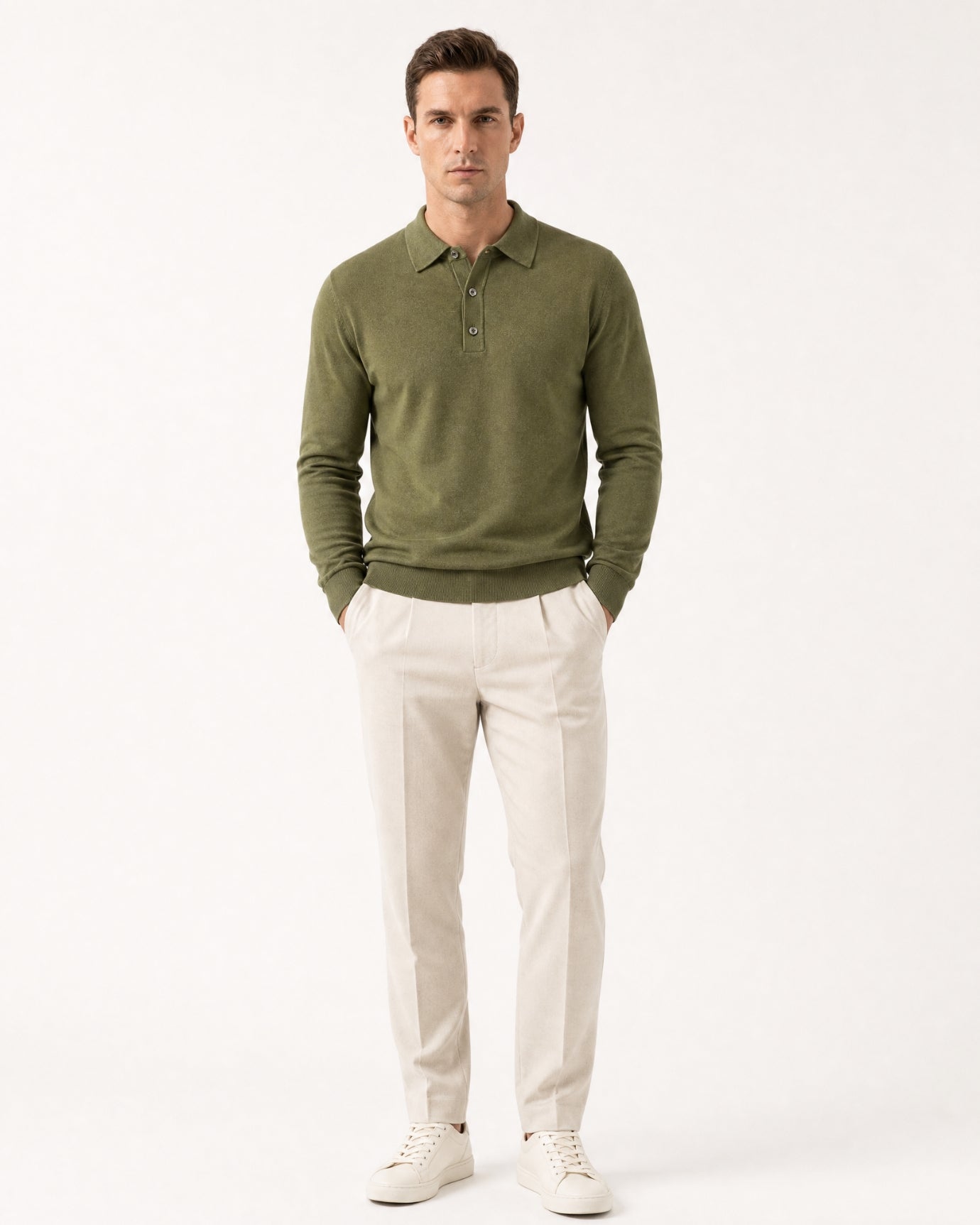 Worsted Merino Wool Long-Sleeve Polo Sweater