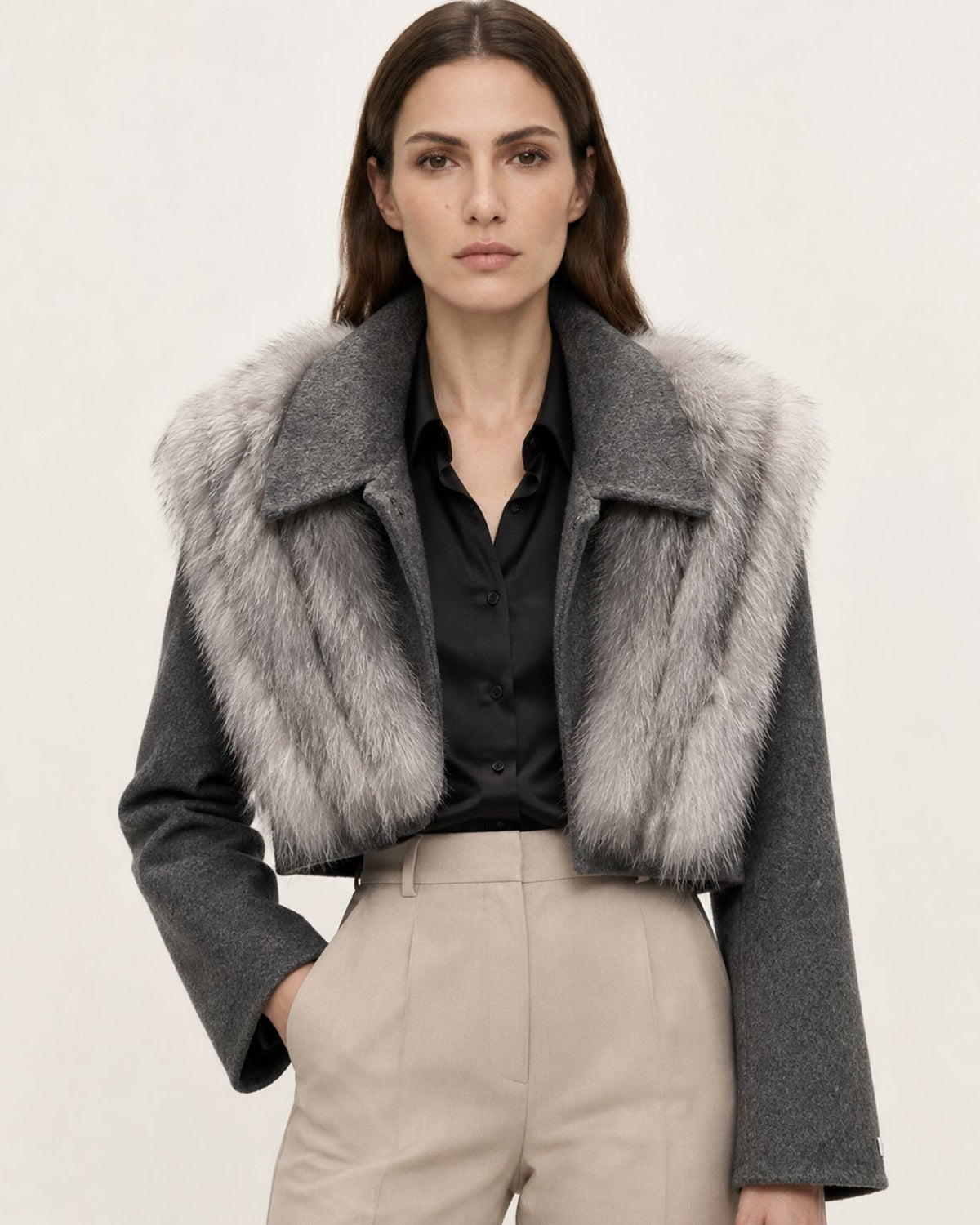 Short Double-Faced Wool Coat with Fox Fur Collar