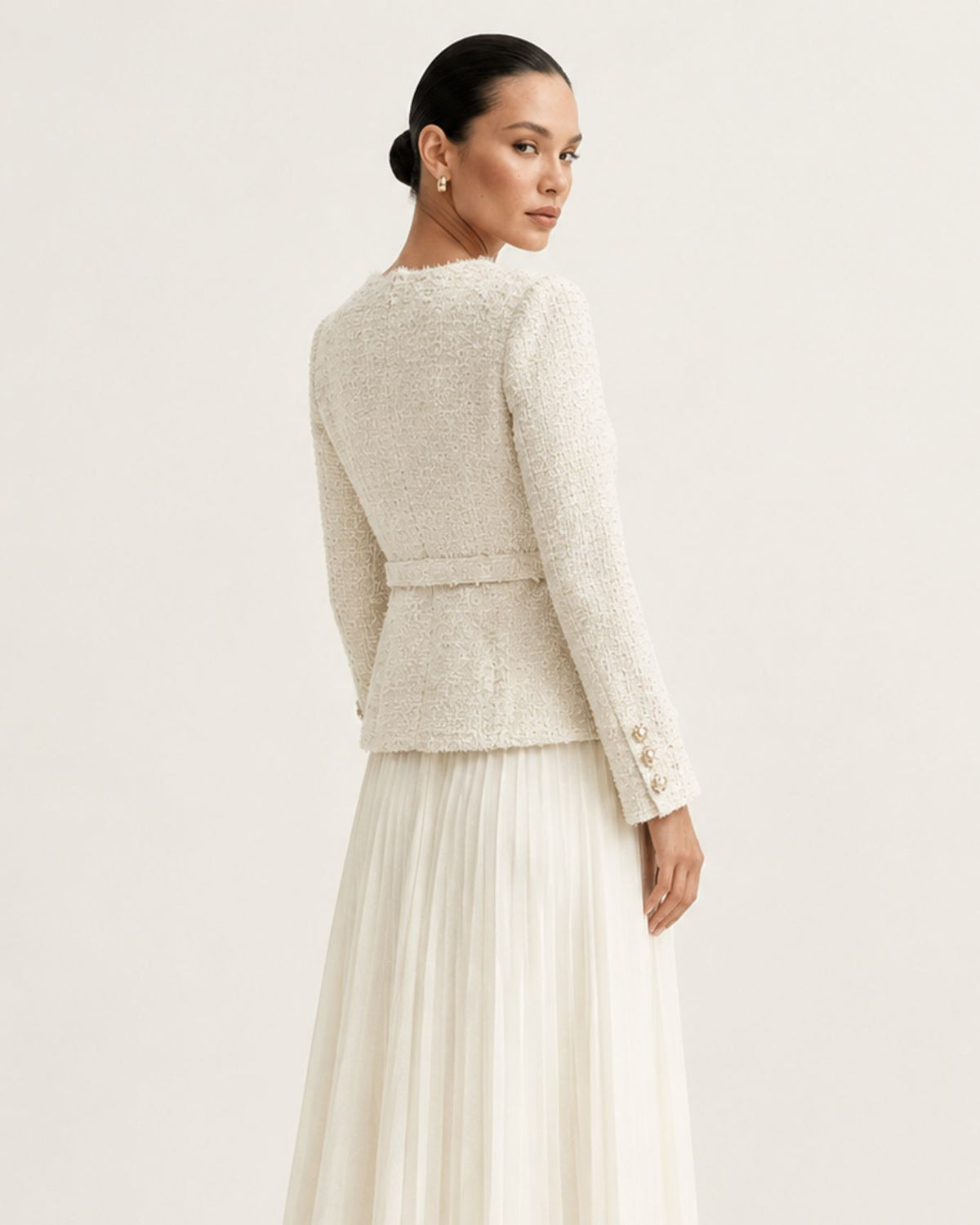 Beige Tweed and Chiffon Pleated Skirt Set