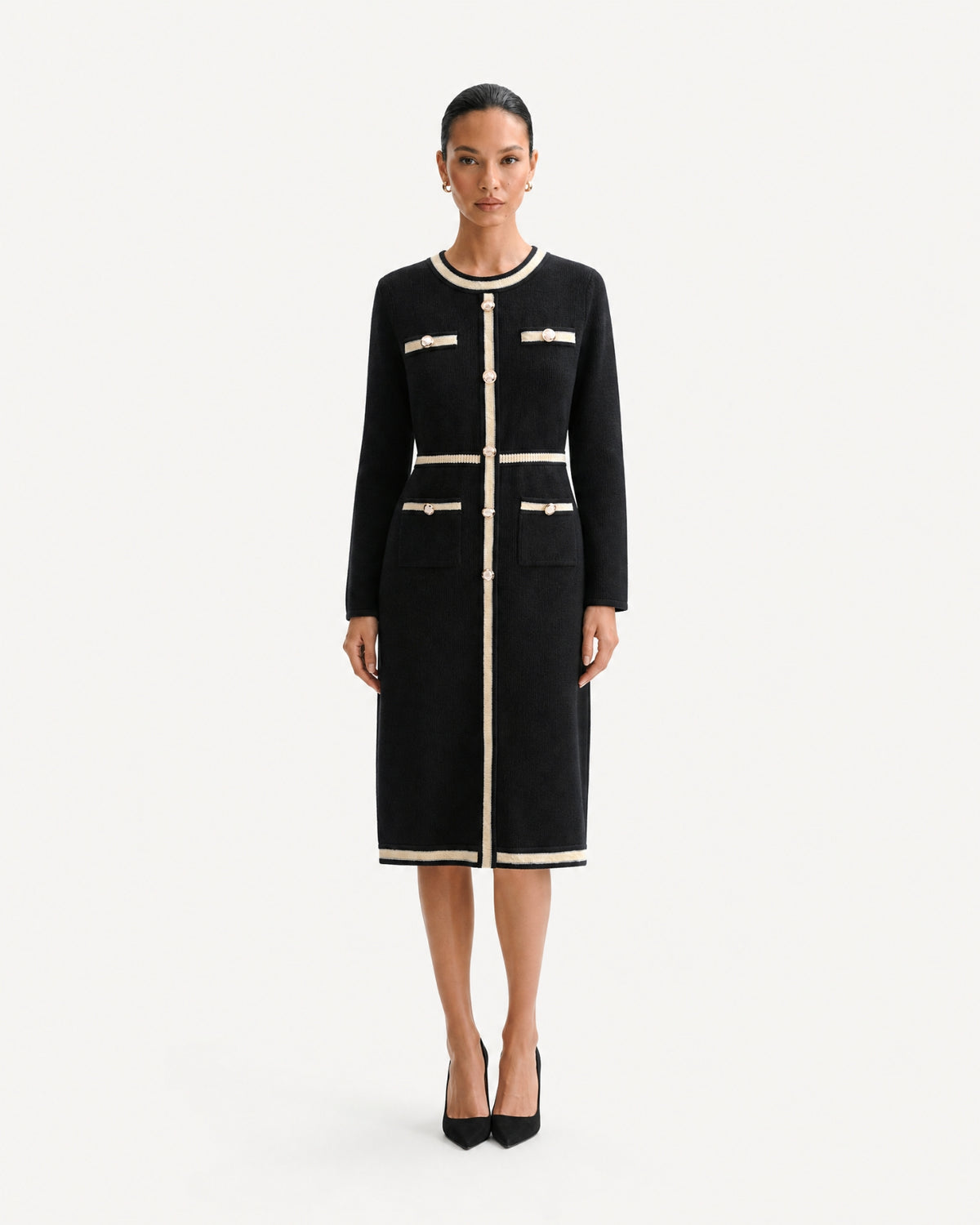 Classic Elegant Knit Little Black Dress Long Sleeve