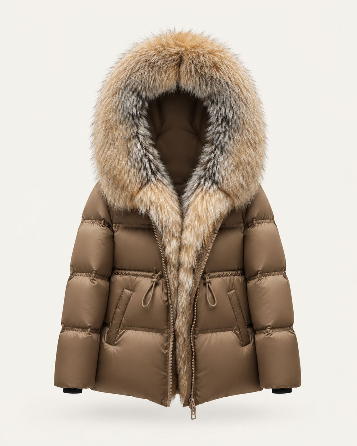 Belted Goose Down Coat with Detachable Fox Fur Collar