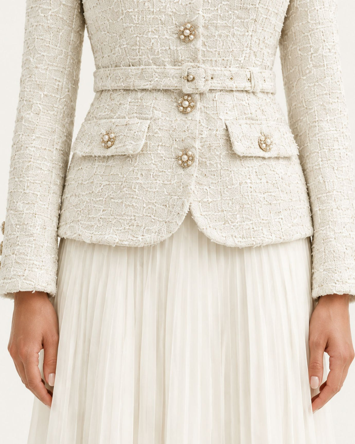 Beige Tweed and Chiffon Pleated Skirt Set