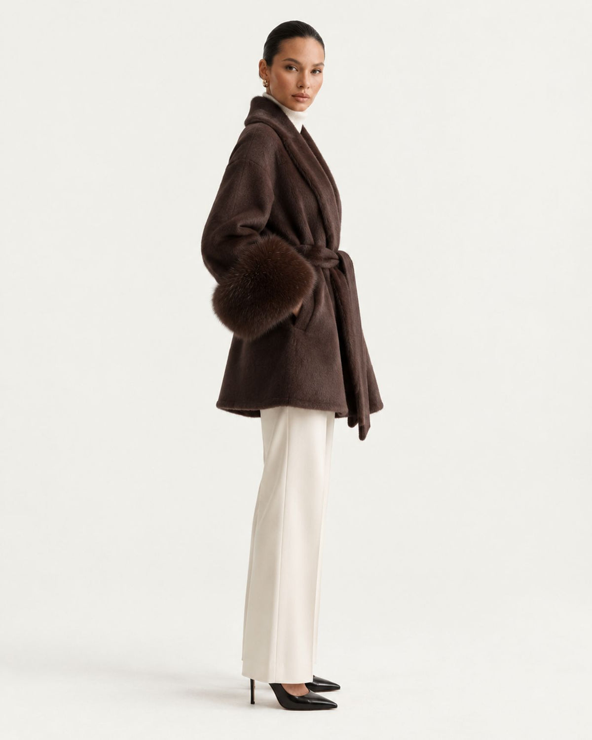 Divina Belted Double-Faced Wool Coat with Fox Fur Cuffs