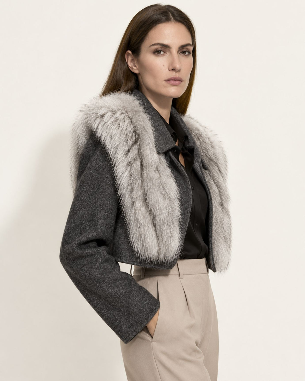 Short Double-Faced Wool Coat with Fox Fur Collar