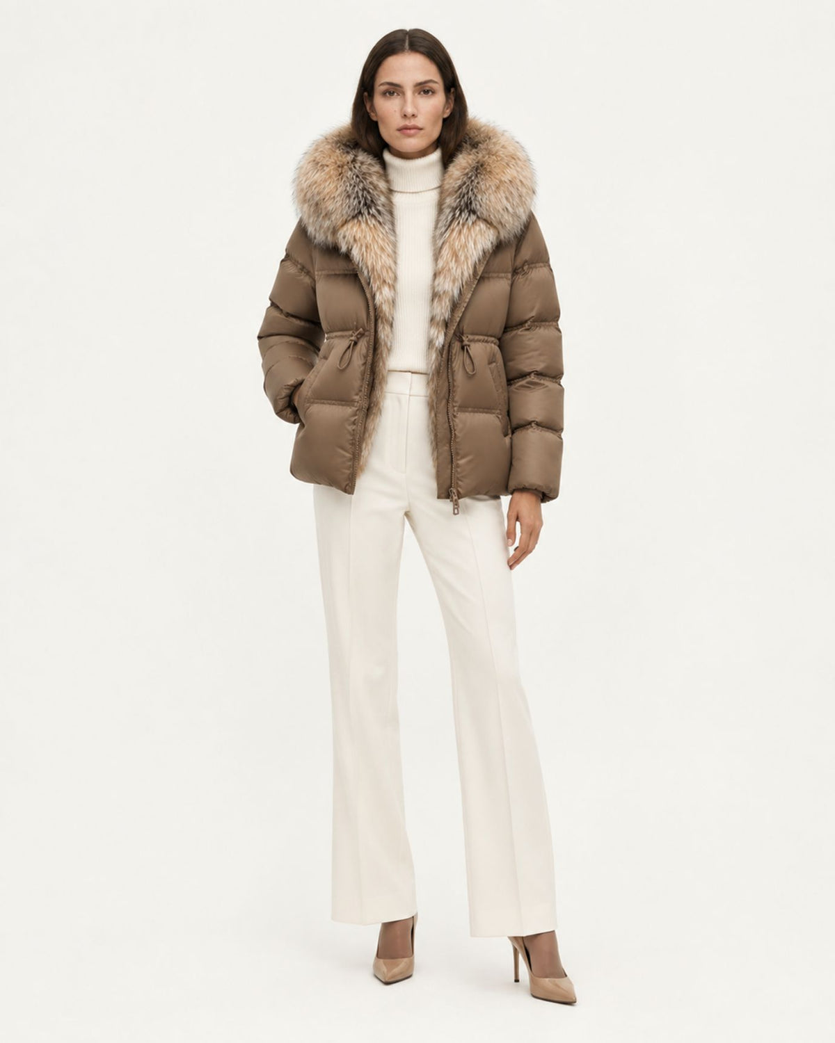 Belted Goose Down Coat with Detachable Fox Fur Collar