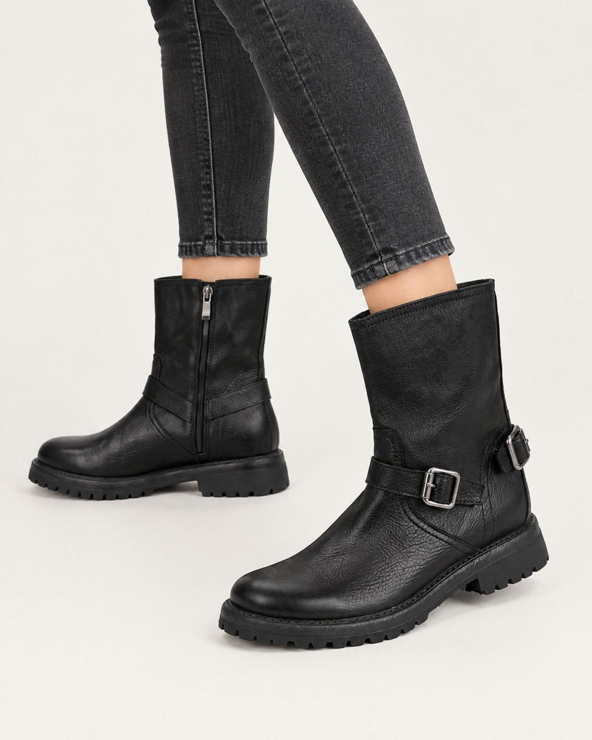 Retro Distressed Leather Half-Zip Boots