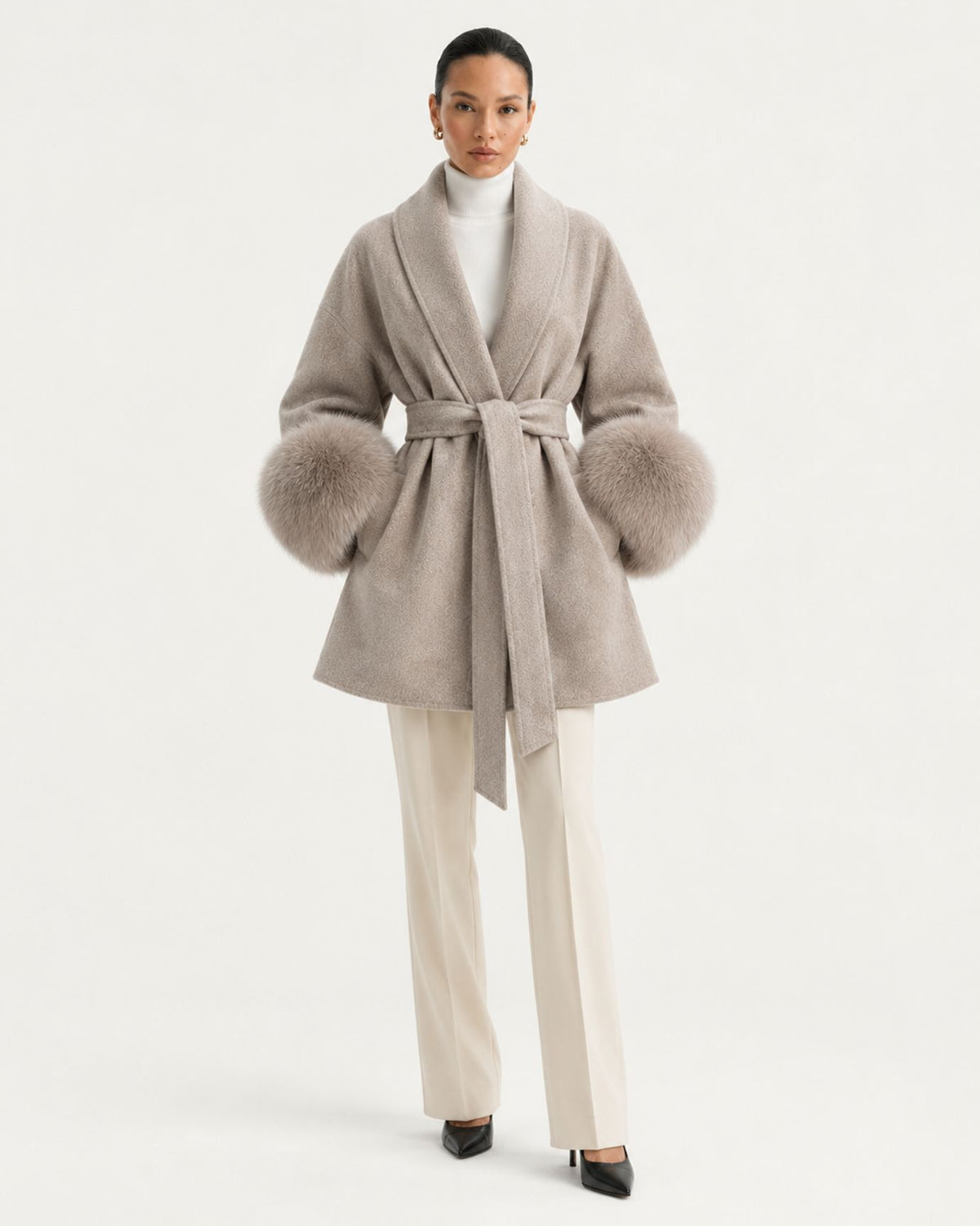 Divina Belted Double-Faced Wool Coat with Fox Fur Cuffs