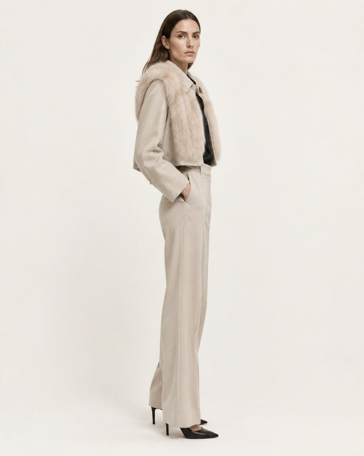 Short Double-Faced Wool Coat with Fox Fur Collar