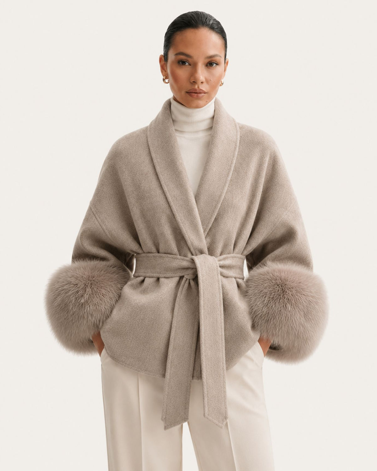 Divina Belted Double-Faced Wool Coat with Fox Fur Cuffs