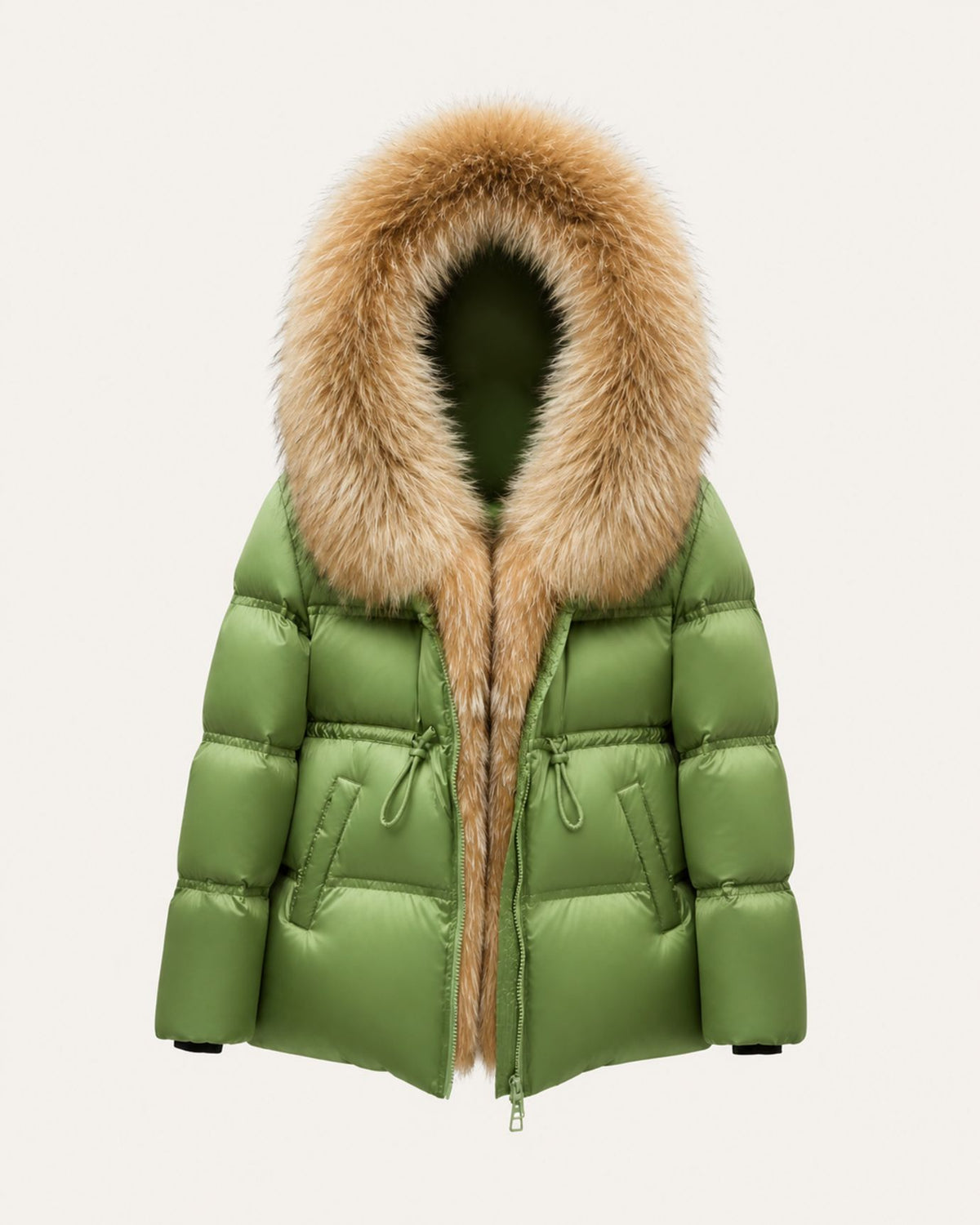 Belted Goose Down Coat with Detachable Fox Fur Collar