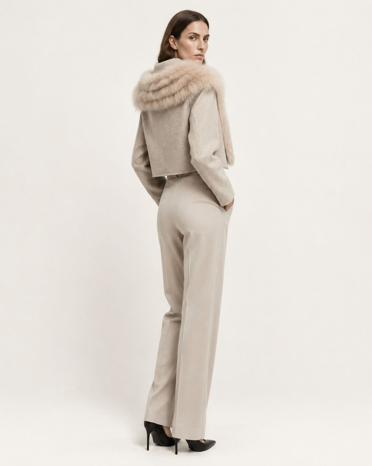 Short Double-Faced Wool Coat with Fox Fur Collar