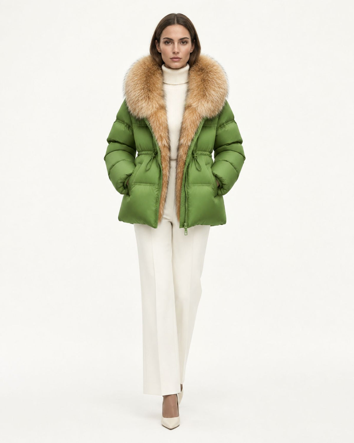 Belted Goose Down Coat with Detachable Fox Fur Collar