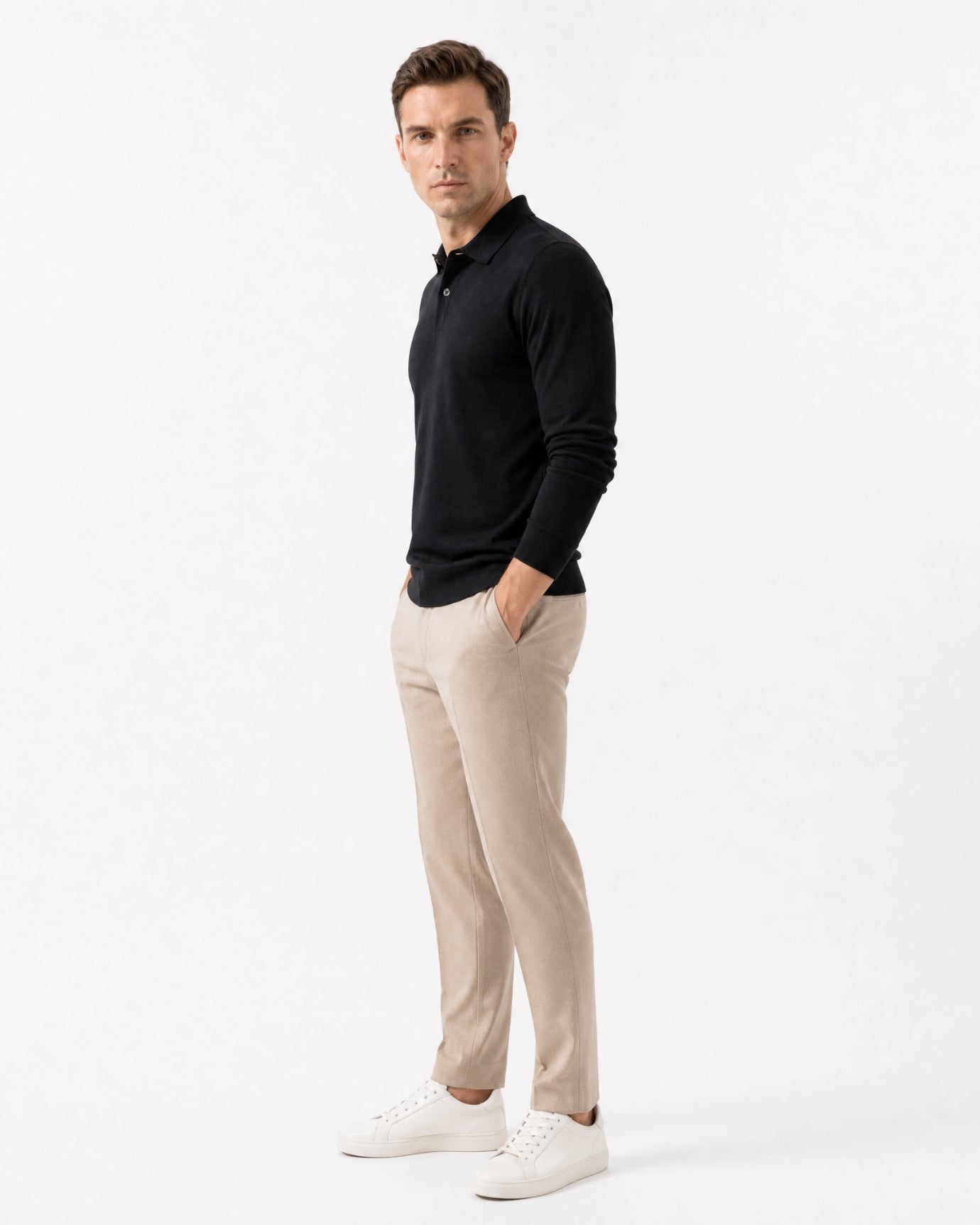 Worsted Merino Wool Long-Sleeve Polo Sweater