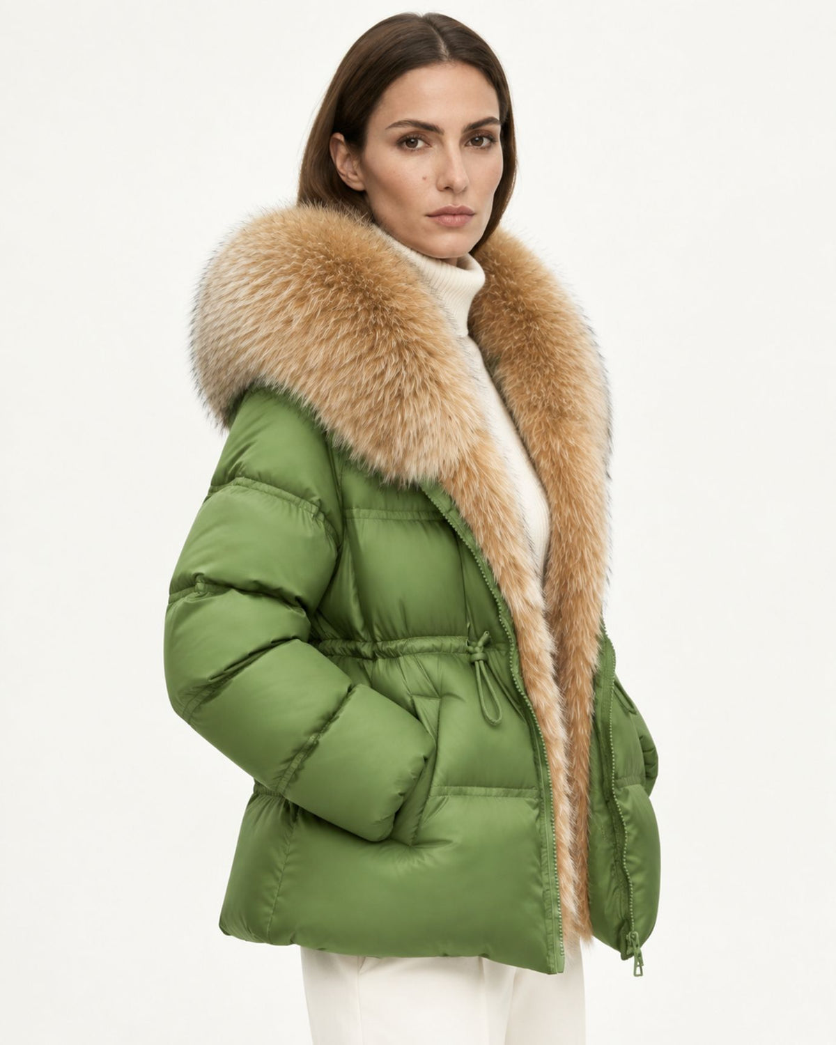 Belted Goose Down Coat with Detachable Fox Fur Collar
