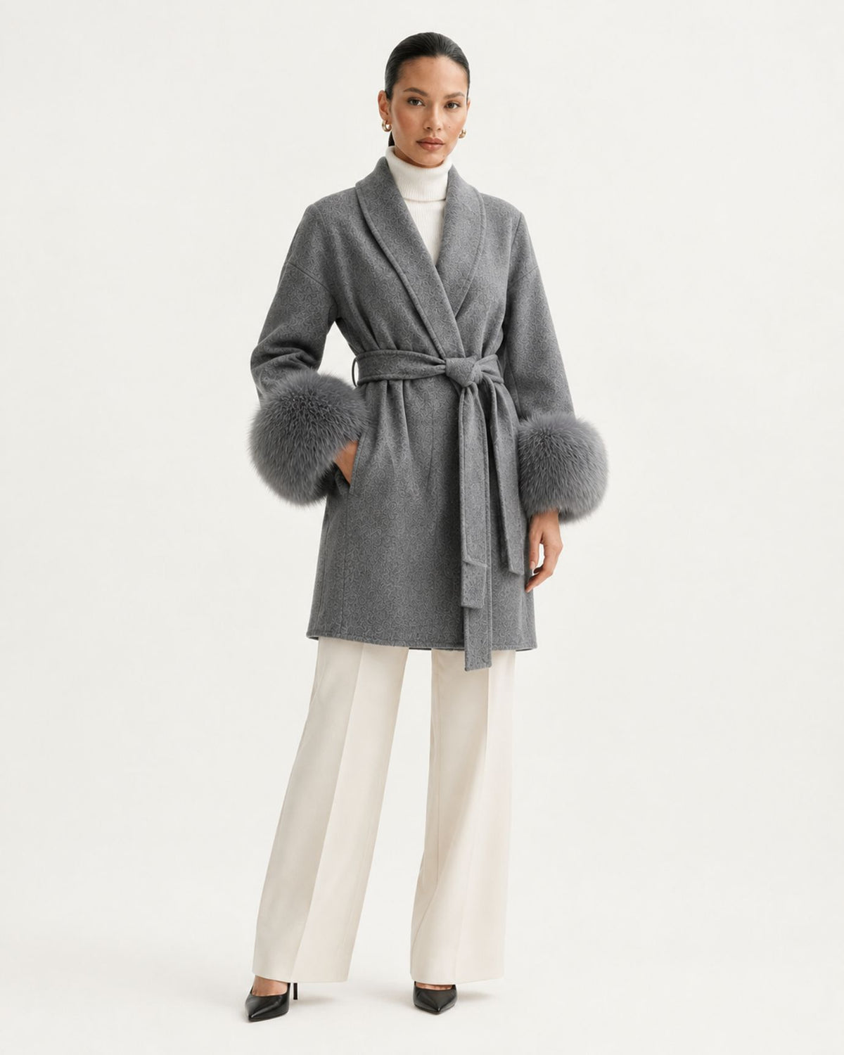Divina Belted Double-Faced Wool Coat with Fox Fur Cuffs