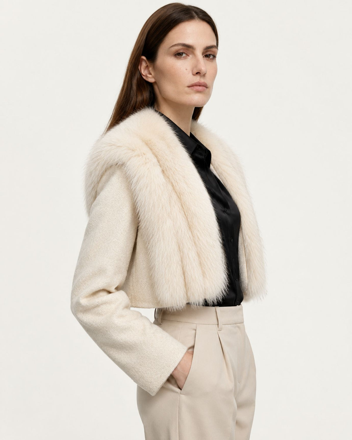 Short Double-Faced Wool Coat with Fox Fur Collar