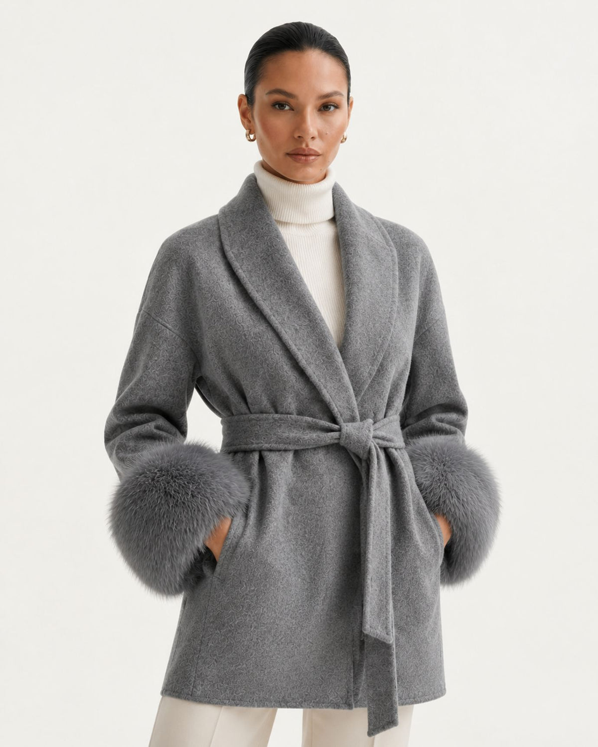 Divina Belted Double-Faced Wool Coat with Fox Fur Cuffs