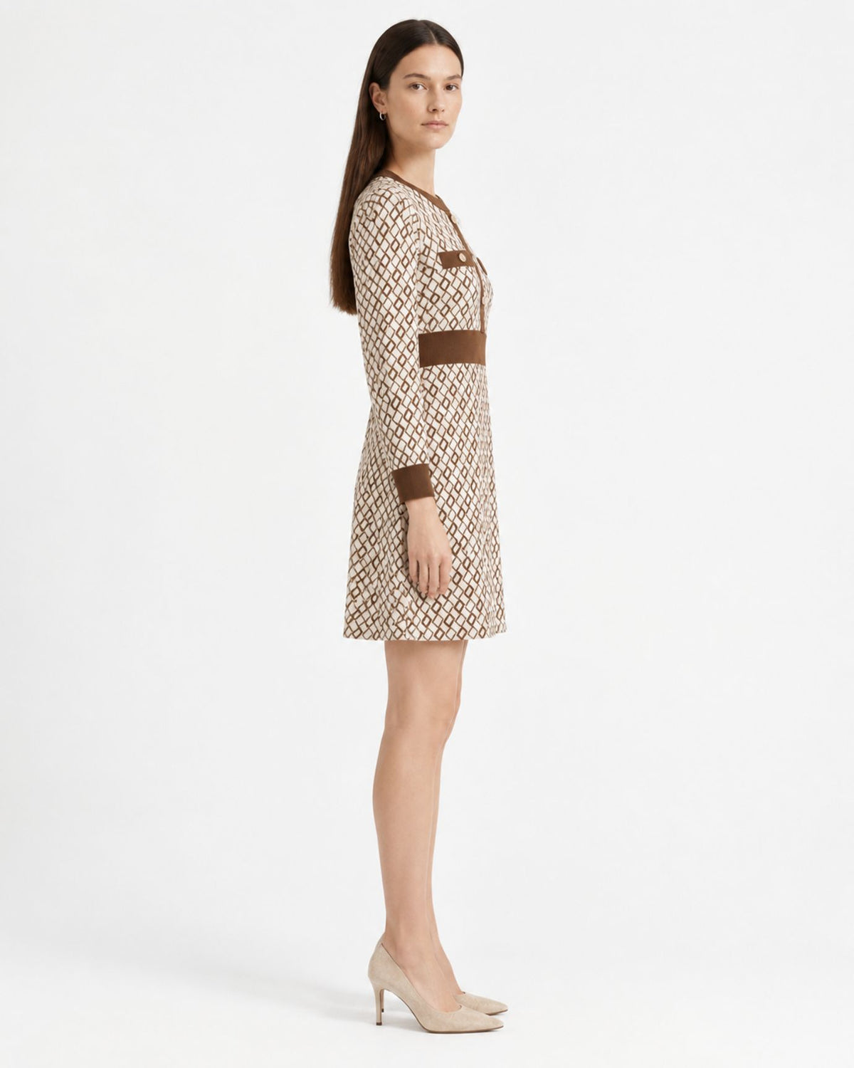 Zira Round-Neck Contrast Jacquard Knit Dress with Buckle Waist