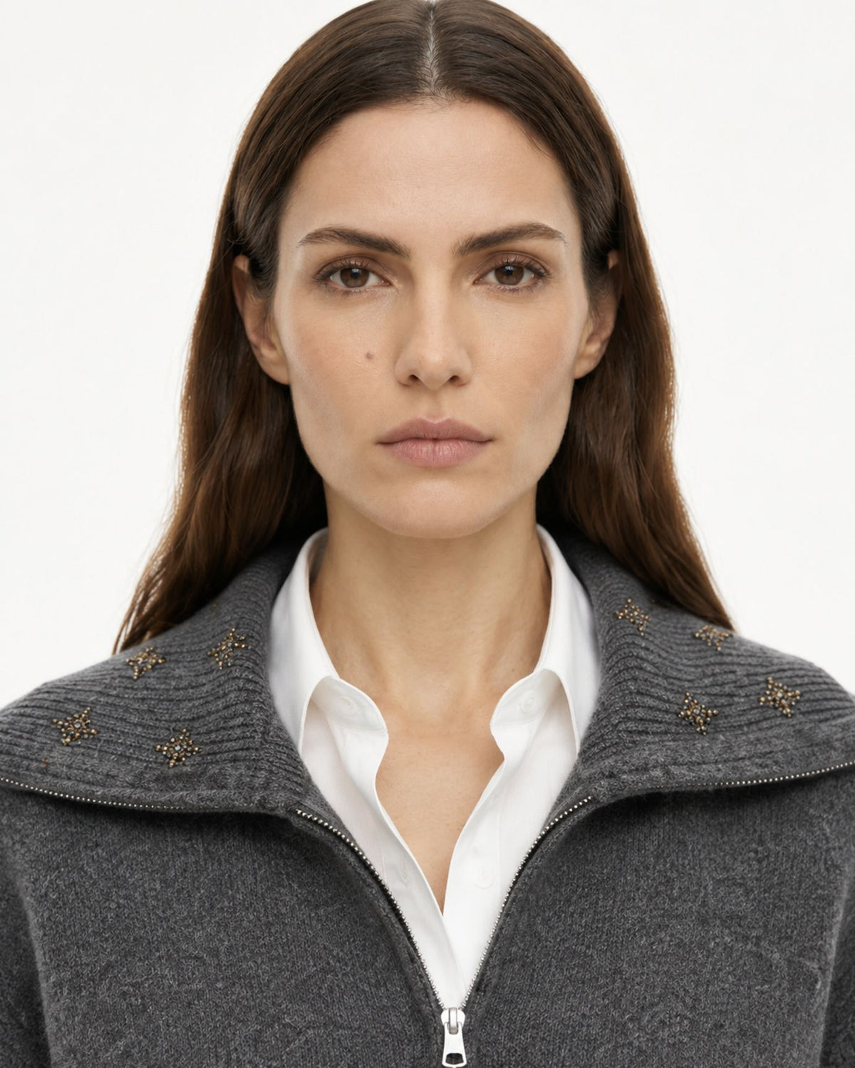 Lina Beaded and Embroidered 100% Cashmere Zip Cardigan