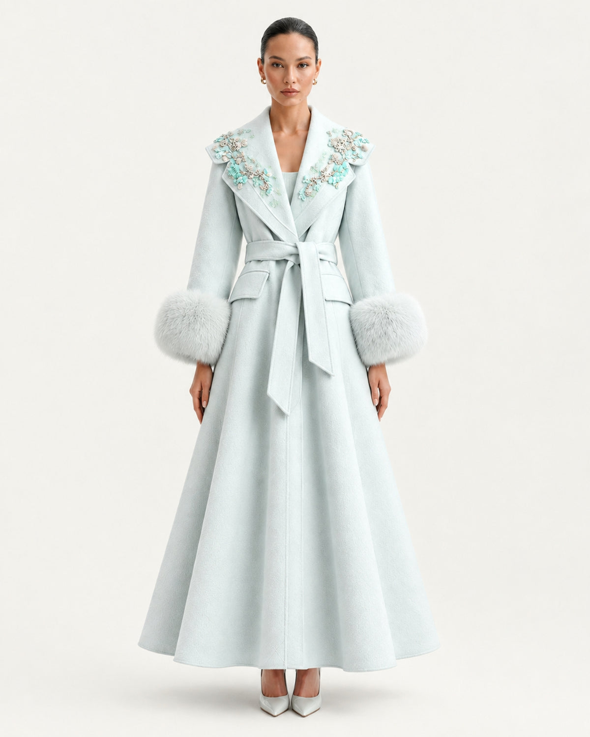 Hamptons Fox Fur Collar Embellished Wool Cashmere Coat