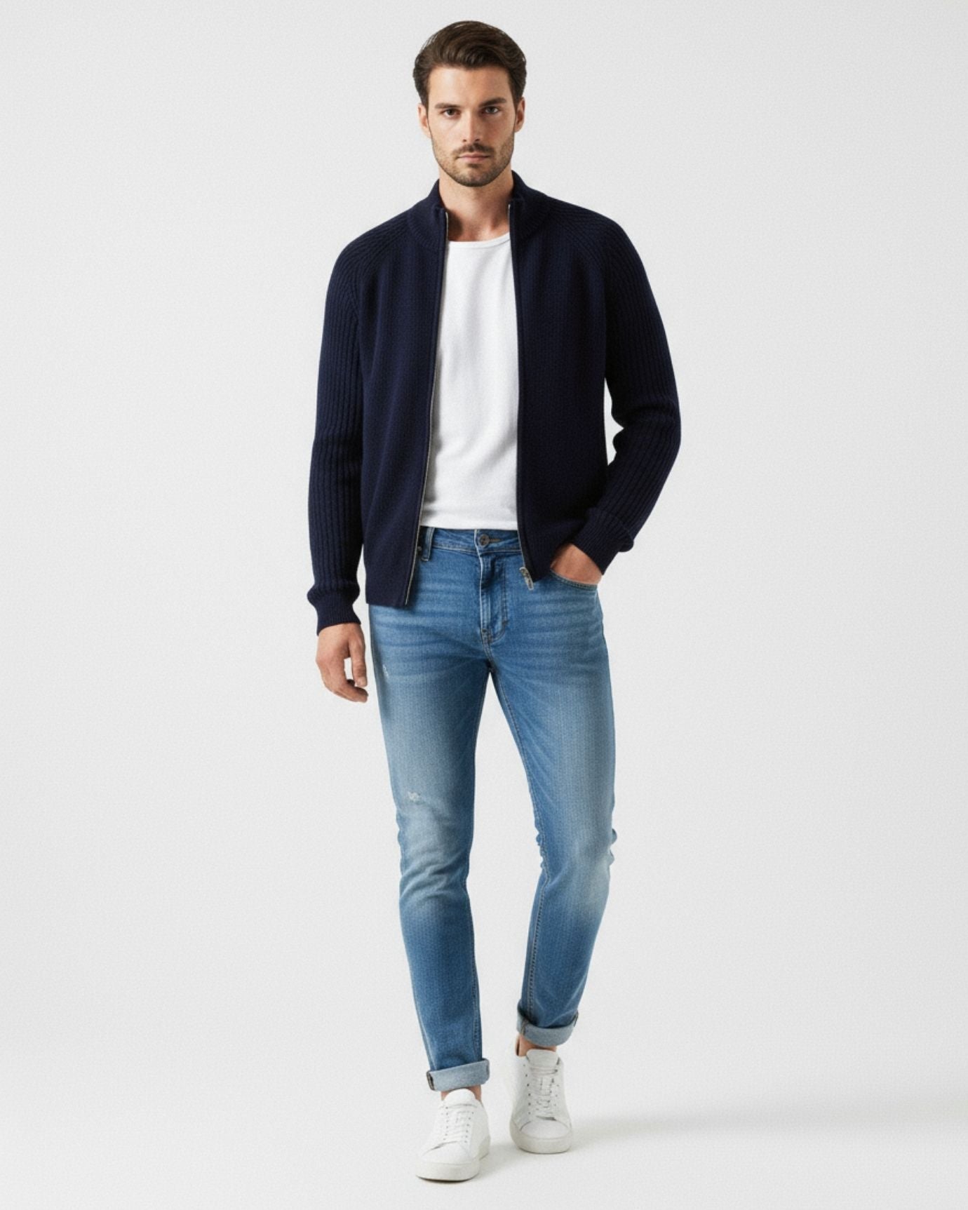 Fine Cashmere Thick Jacket Cardigan with Perforated Knit