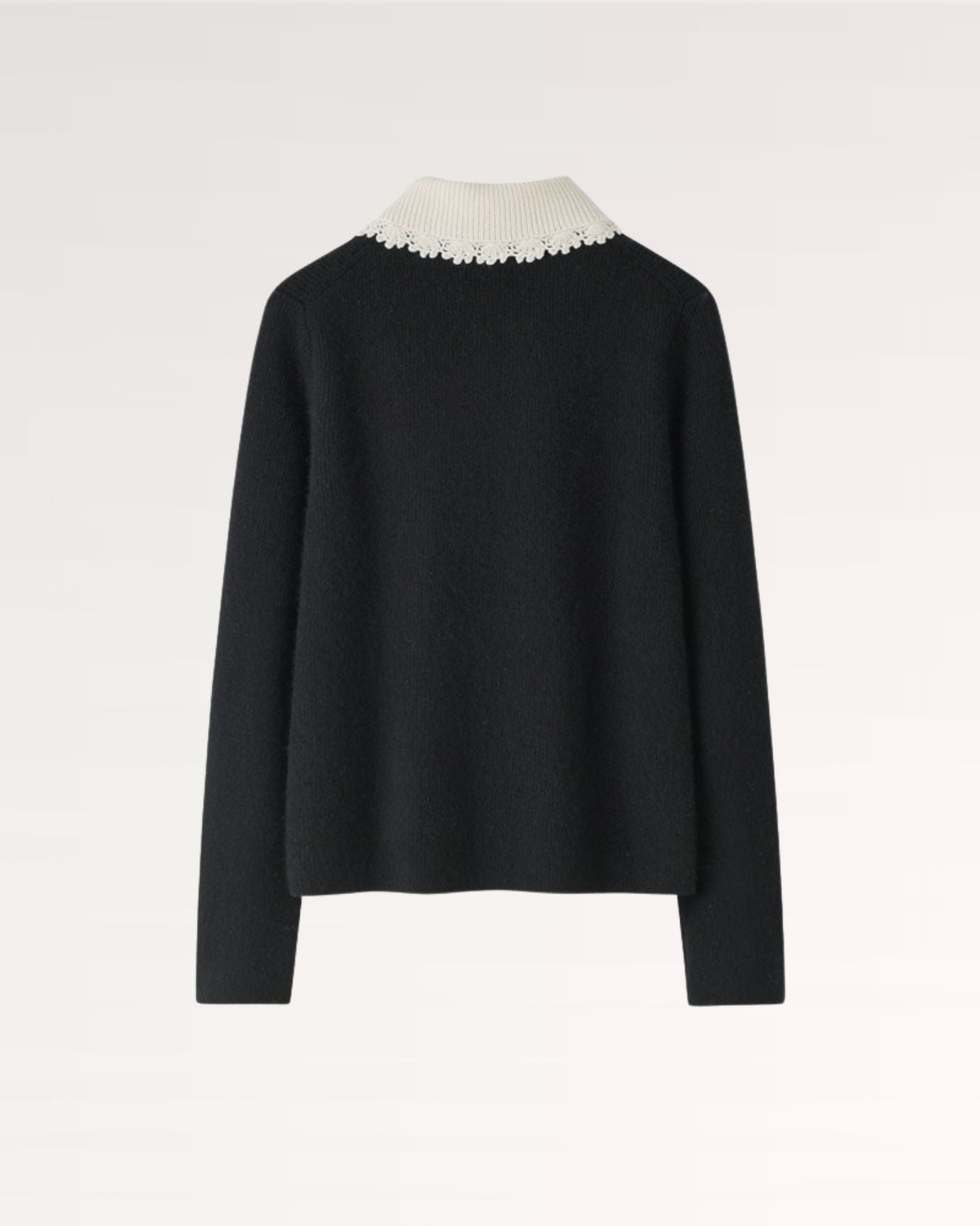 Back view of pearl-decorated cashmere sweater jacket