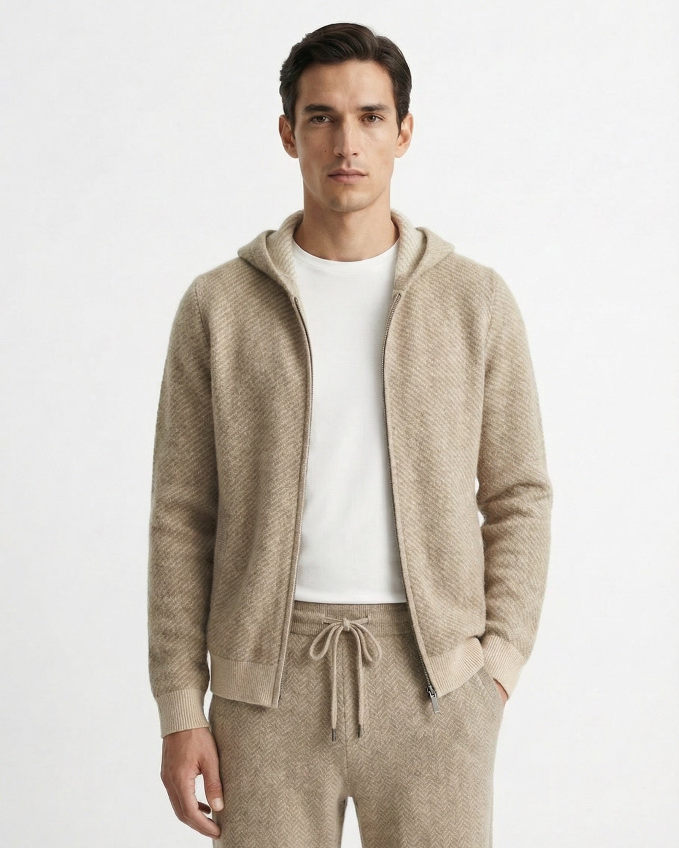 Conjunto de cárdigan con capucha y pantalón de cachemir y lana