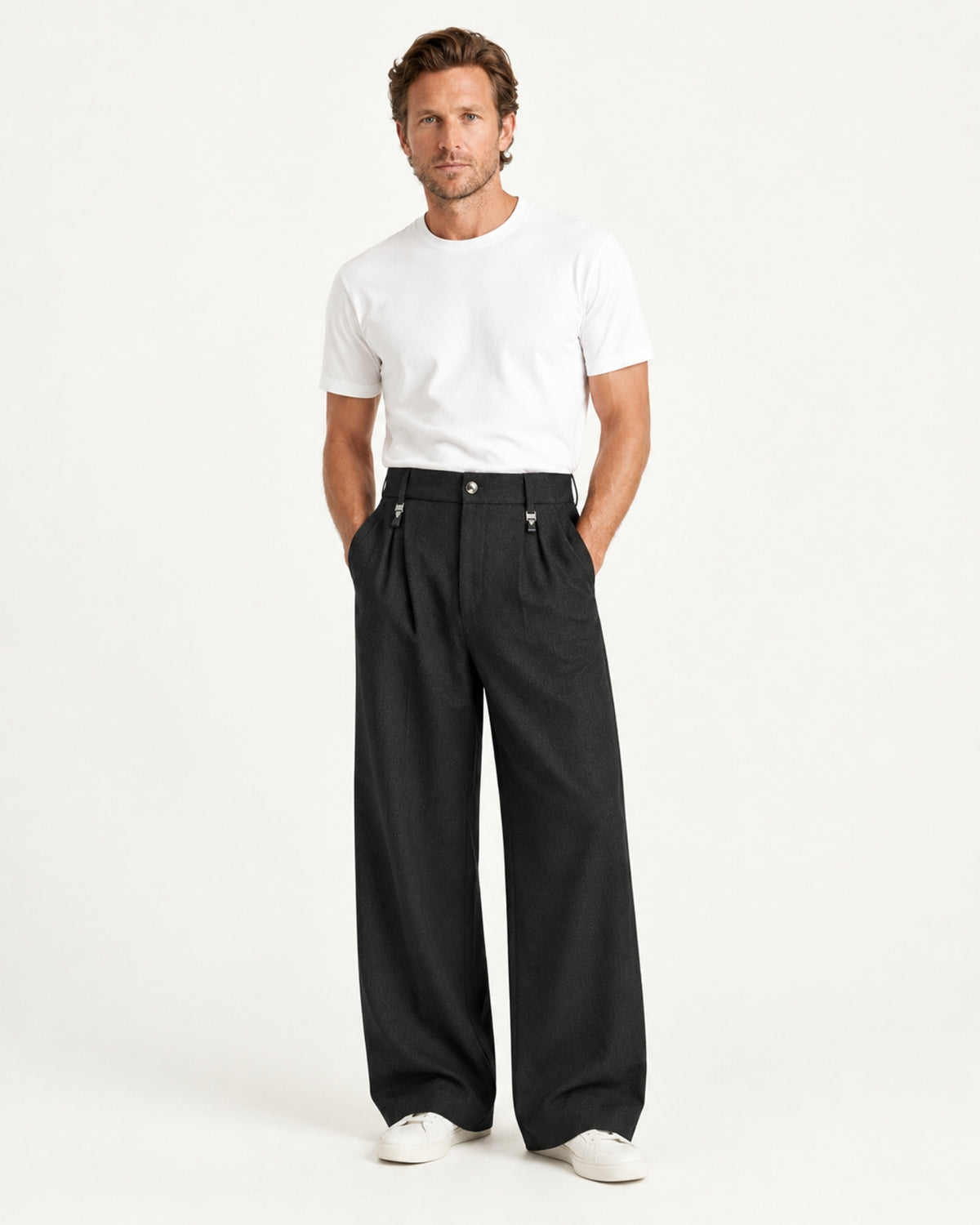 Pleated Barrel-Leg Straight Trousers
