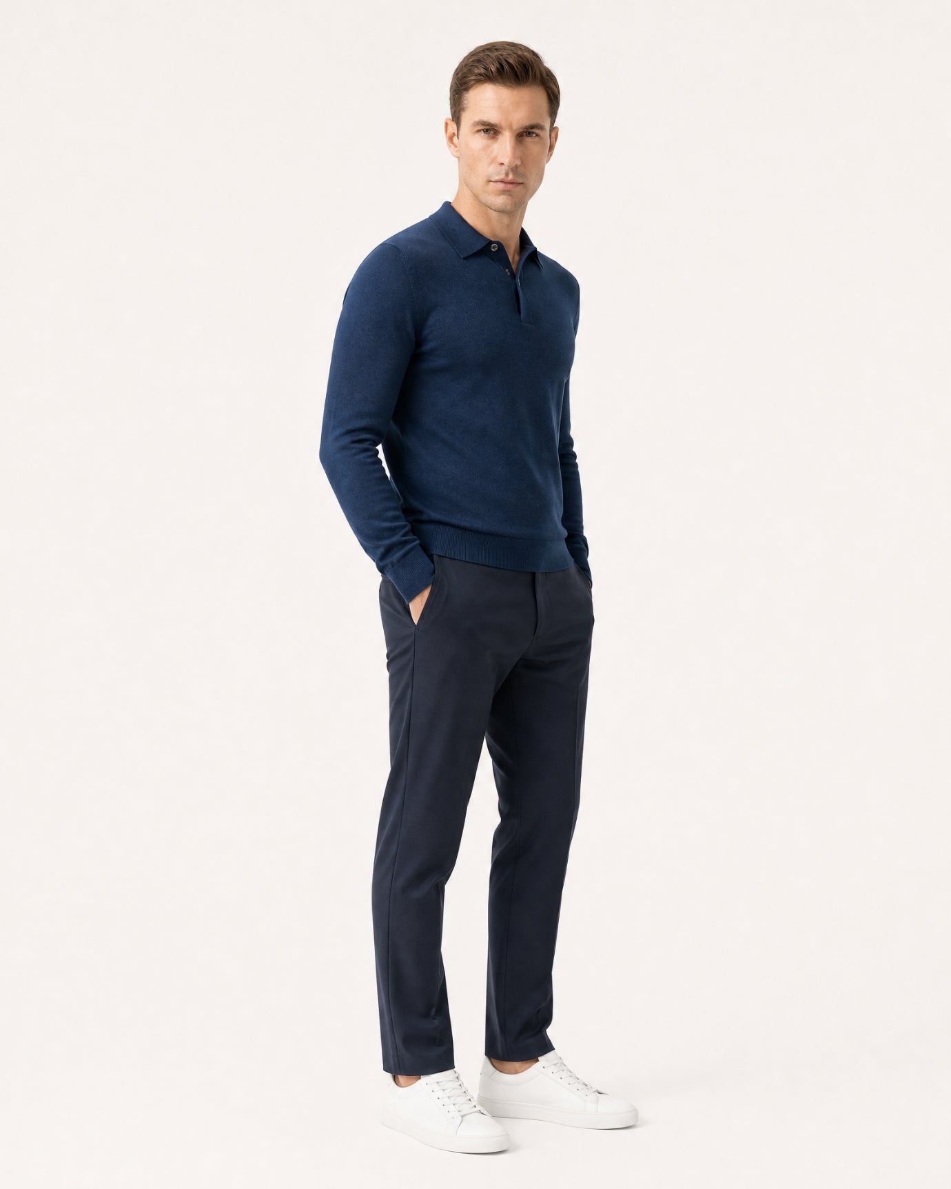 Worsted Merino Wool Long-Sleeve Polo Sweater