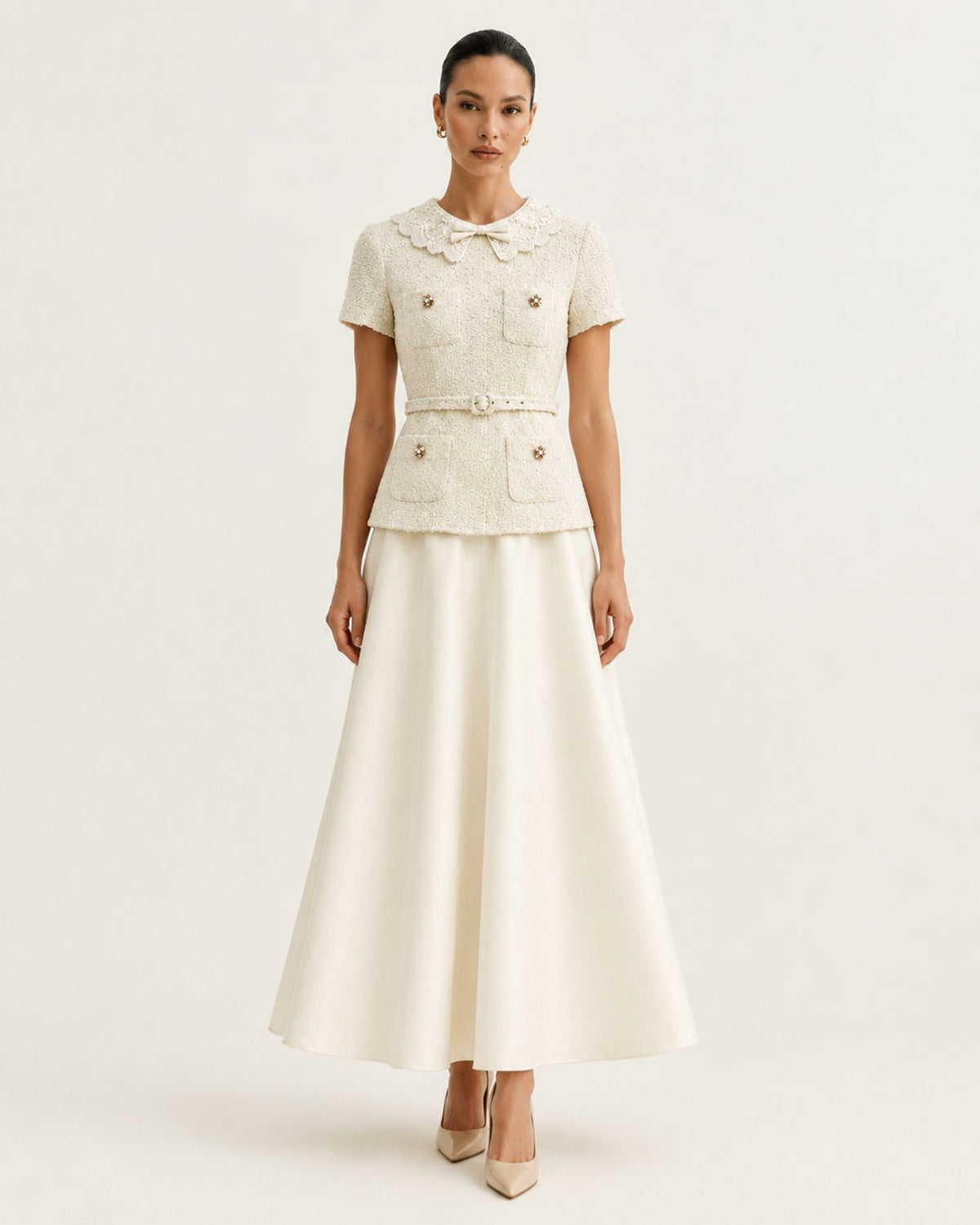 Cinched-Waist Off-White Peter Pan Collar Dress