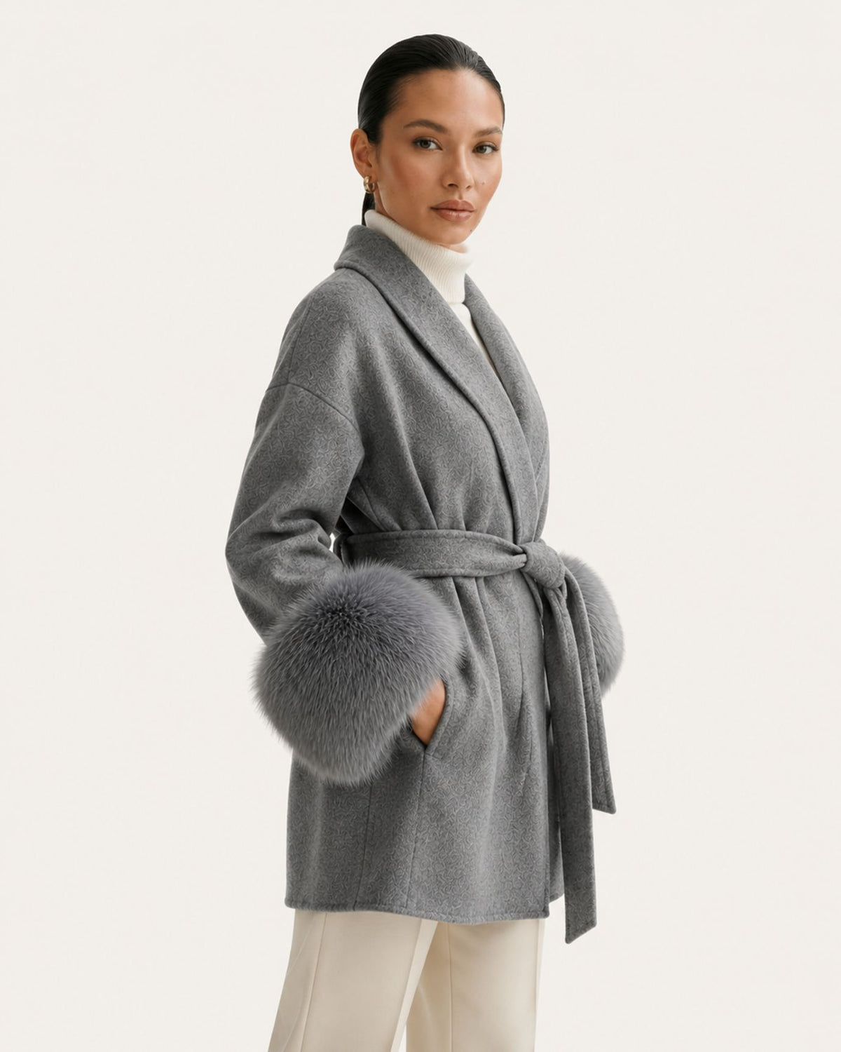 Divina Belted Double-Faced Wool Coat with Fox Fur Cuffs