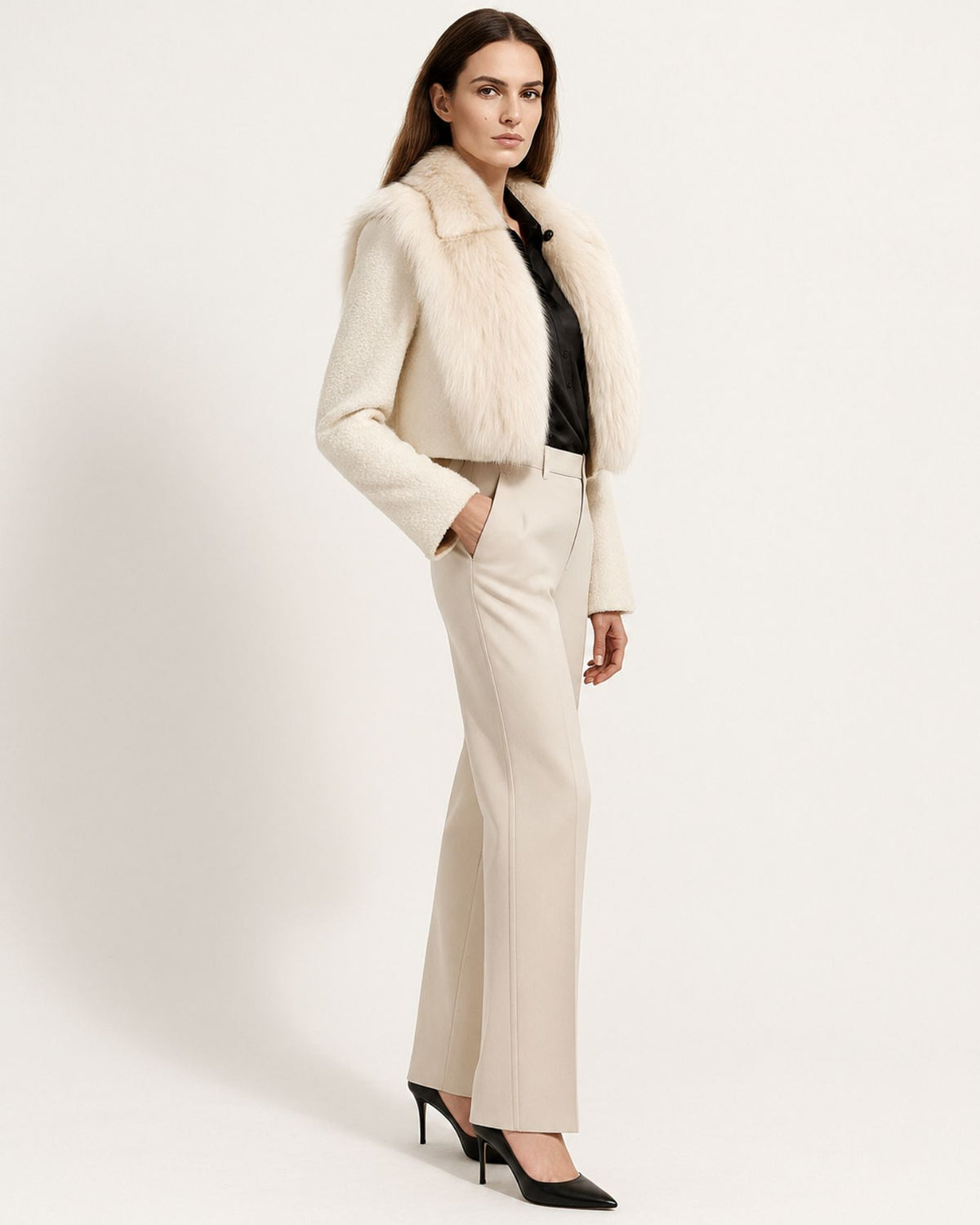 Short Double-Faced Wool Coat with Fox Fur Collar