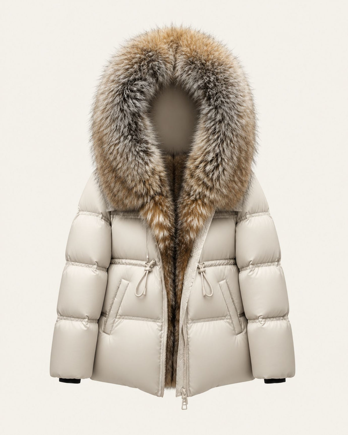 Belted Goose Down Coat with Detachable Fox Fur Collar