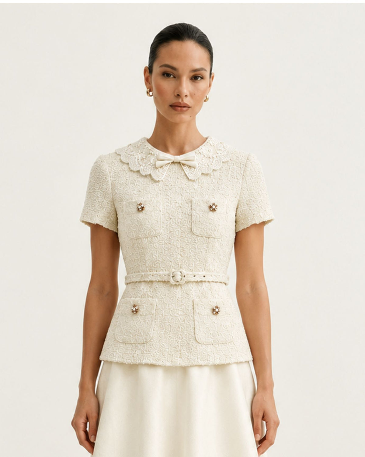 Cinched-Waist Off-White Peter Pan Collar Dress