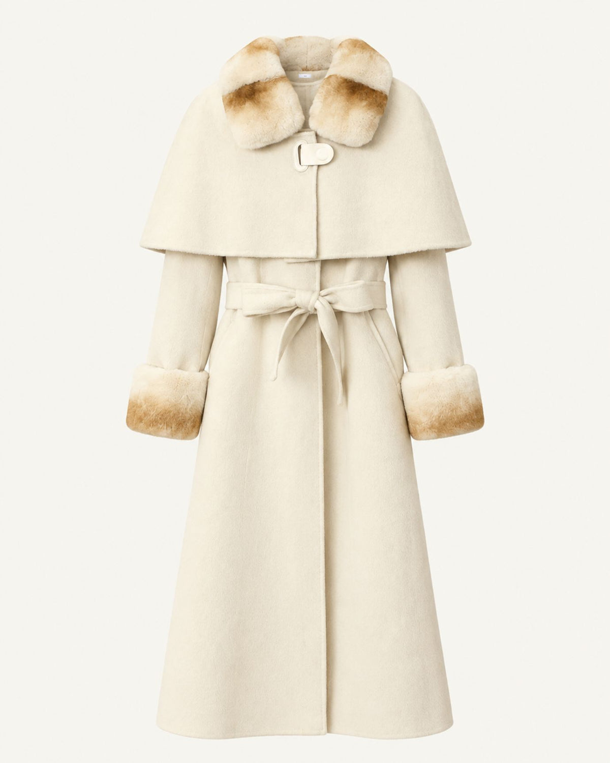 Long Double-Faced Wool Cape with Rex Rabbit Fur Collar