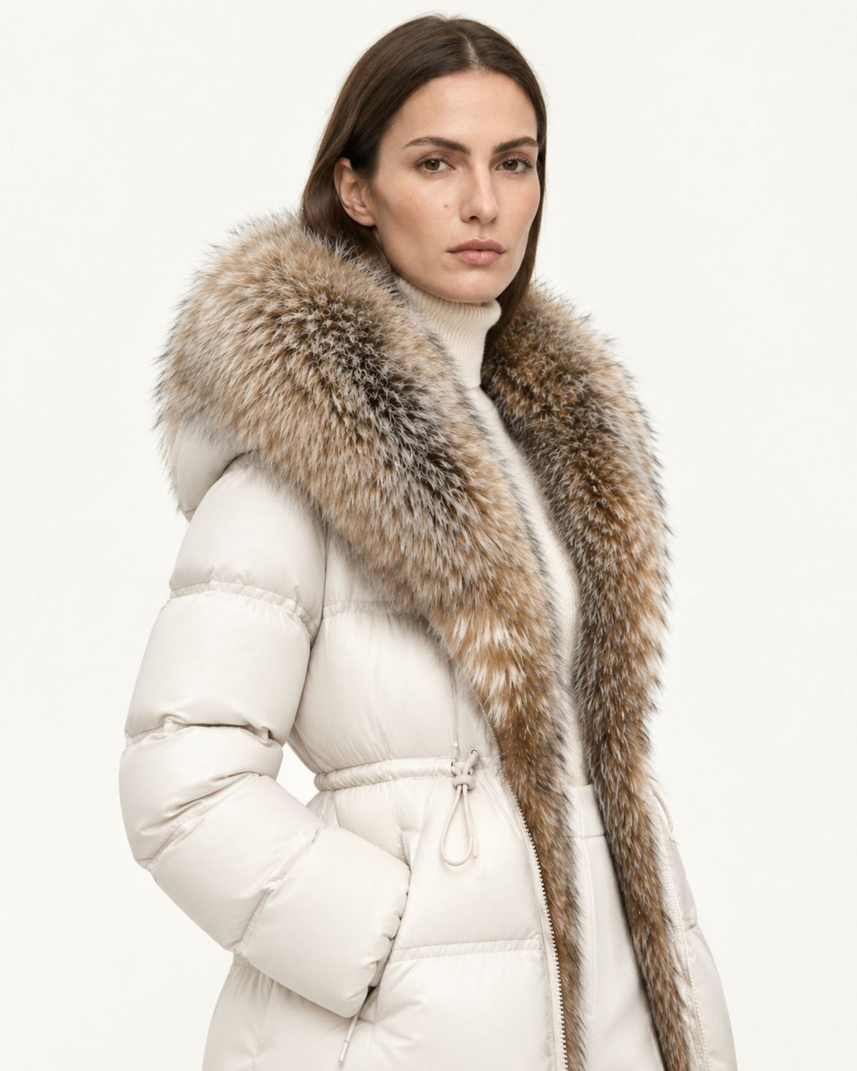 Belted Goose Down Coat with Detachable Fox Fur Collar