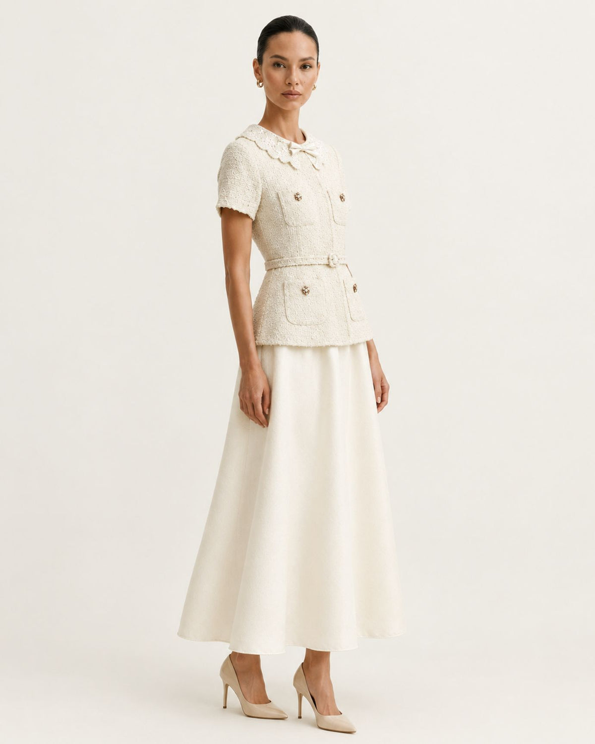 Cinched-Waist Off-White Peter Pan Collar Dress