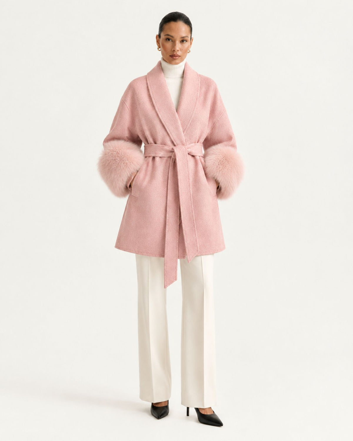 Divina Belted Double-Faced Wool Coat with Fox Fur Cuffs