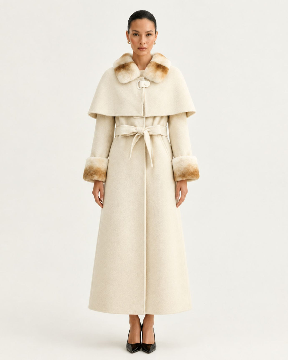 Long Double-Faced Wool Cape with Rex Rabbit Fur Collar